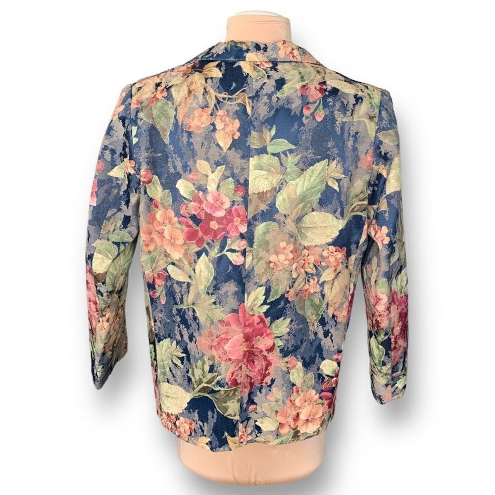 Vintage 90s Structured Blazer Jacket Navy Dark Floral Boxy Oversized Romantic - Picture 7 of 9